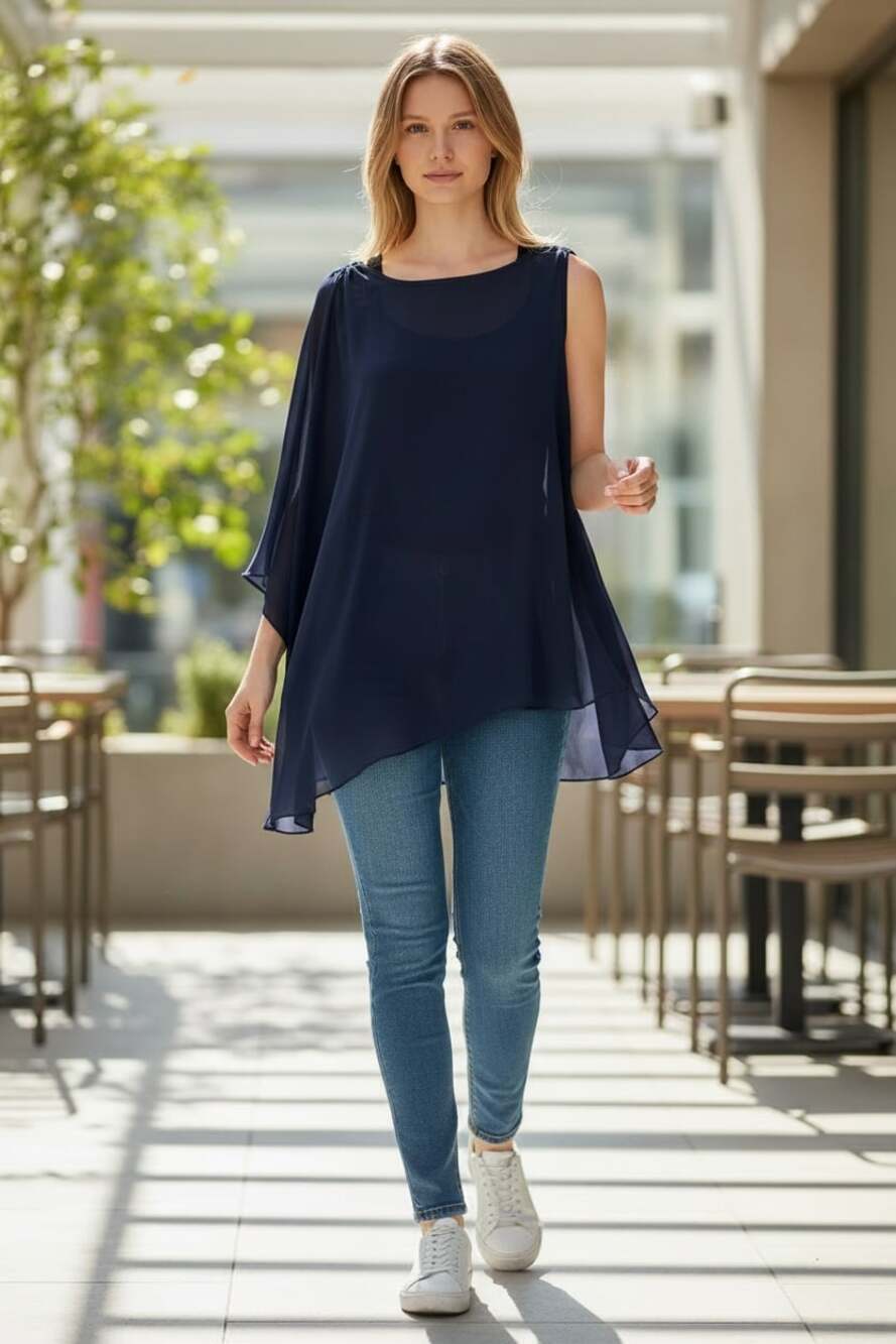 Eva Franco Navy One-Shoulder Asymmetrical Chiffon Top, Size 6